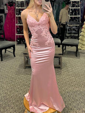 Romantic Light Pink Satin Prom Dress with Floral Lace Appliqués
