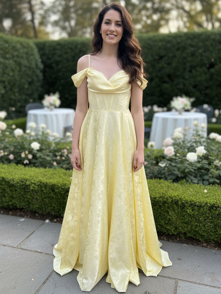 Romantic Off-Shoulder Jacquard A-Line Long Prom Dress