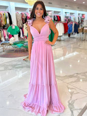 Romantic Pink Chiffon Tiered A-Line Prom Dress with Ruffle