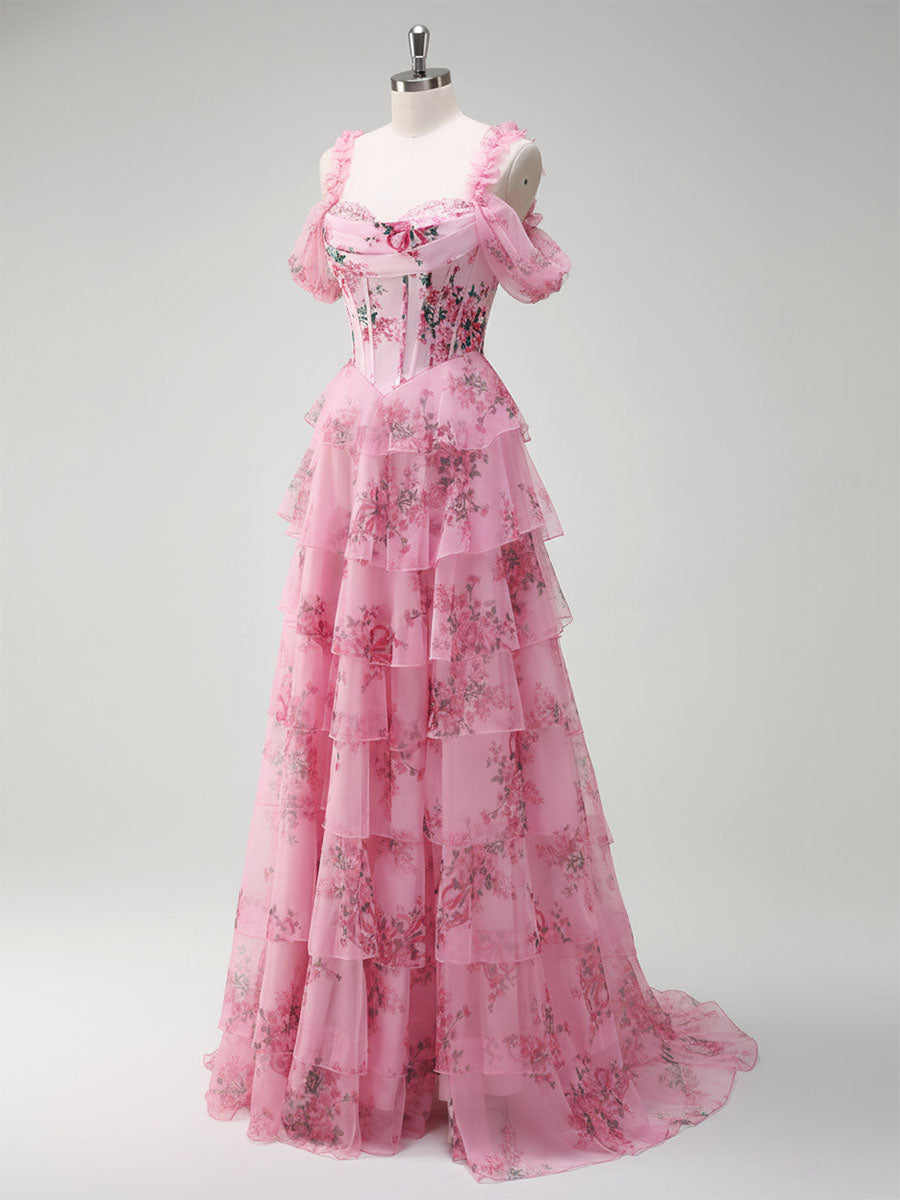 Romantic Pink Floral Corset Bodice Prom Gown with Tiered Ruffles