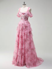 Romantic Pink Floral Corset Bodice Prom Gown with Tiered Ruffles