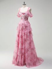 Romantic Pink Floral Corset Bodice Prom Gown with Tiered Ruffles