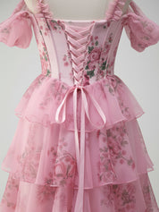 Romantic Pink Floral Corset Bodice Prom Gown with Tiered Ruffles