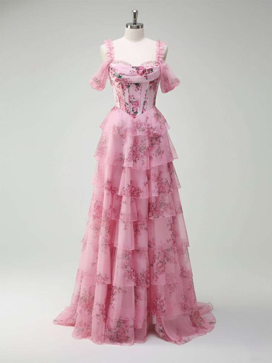 Romantic Pink Floral Corset Bodice Prom Gown with Tiered Ruffles