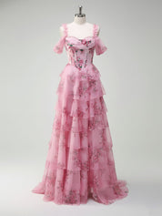 Romantic Pink Floral Corset Bodice Prom Gown with Tiered Ruffles