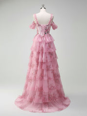 Romantic Pink Floral Corset Bodice Prom Gown with Tiered Ruffles