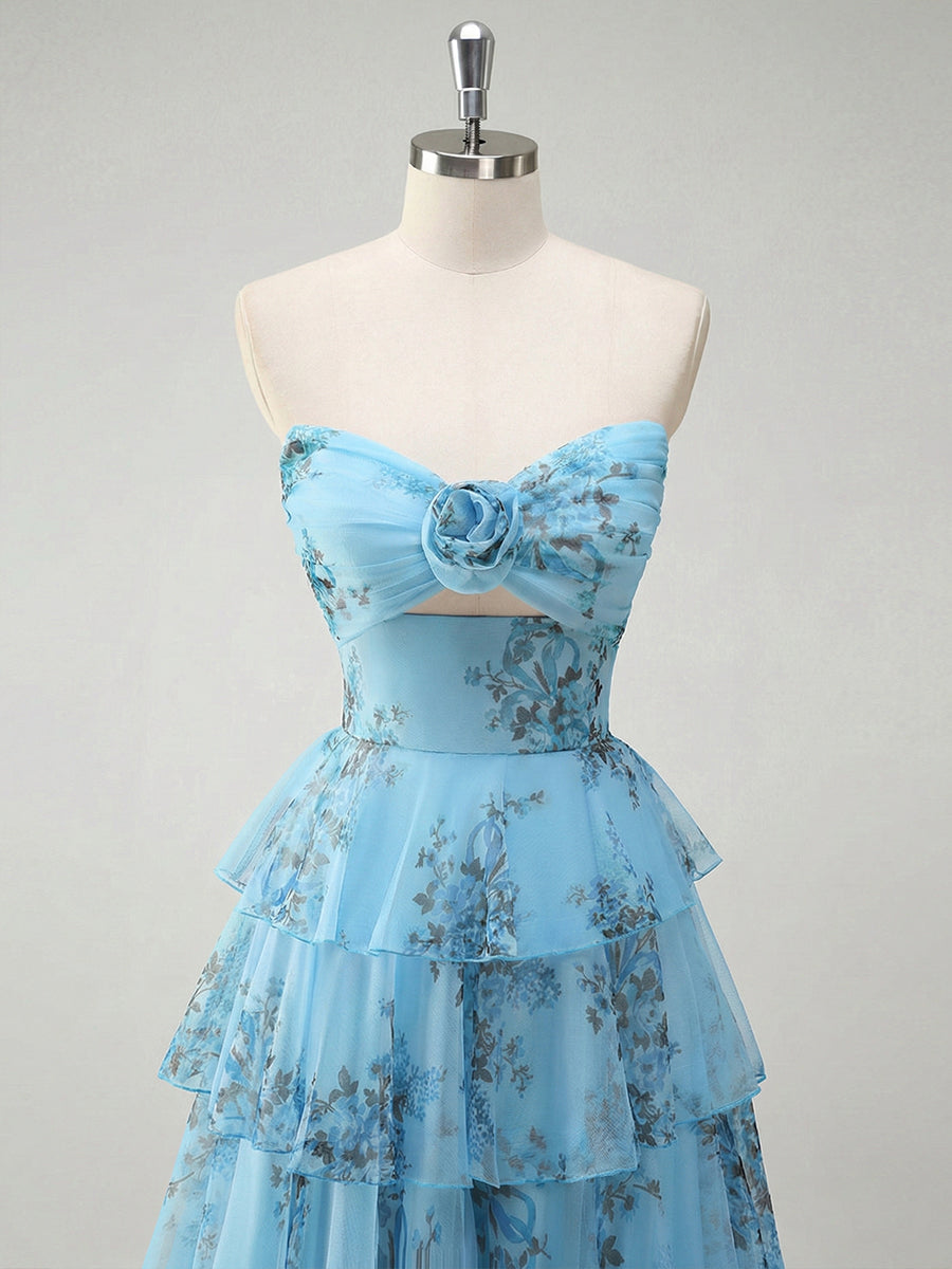 Romantic Pink Floral Tiered Prom Dress with Cut-Out Detail