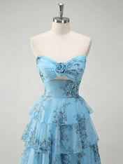 Romantic Pink Floral Tiered Prom Dress with Cut-Out Detail