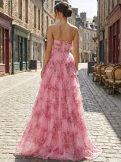 Romantic Blue Floral Tiered Prom Dress with Cut-Out Detail