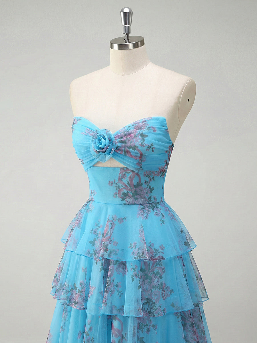 Romantic Pink Floral Tiered Prom Dress with Cut-Out Detail