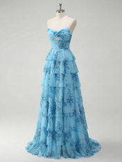 Romantic Blue Floral Tiered Prom Dress with Cut-Out Detail
