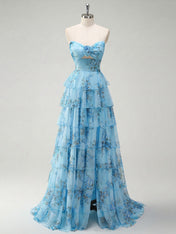 Romantic Blue Floral Tiered Prom Dress with Cut-Out Detail