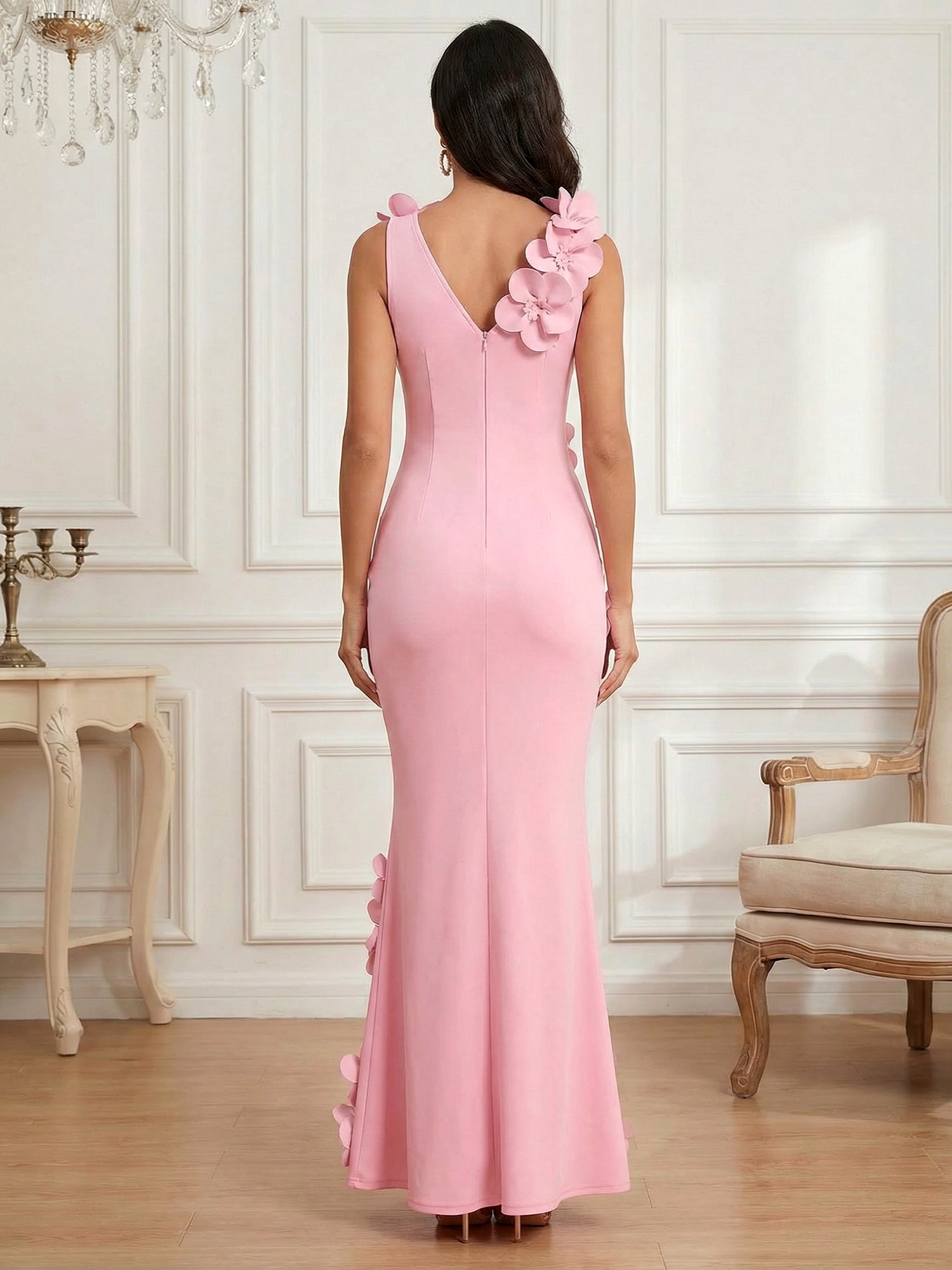 Romantic Pink Sleeveless 3D Floral Mermaid Gown