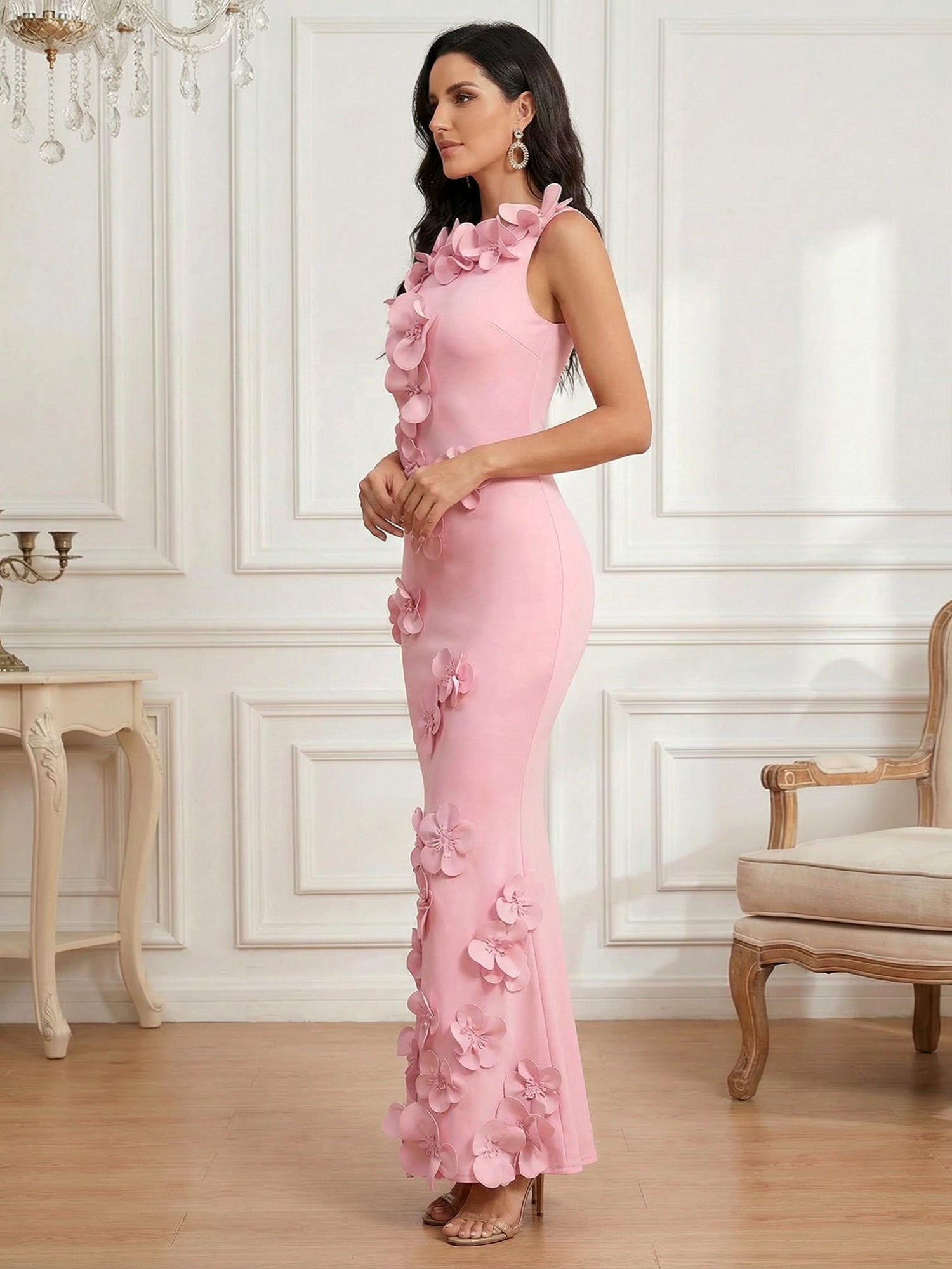 Romantic Pink Sleeveless 3D Floral Mermaid Gown