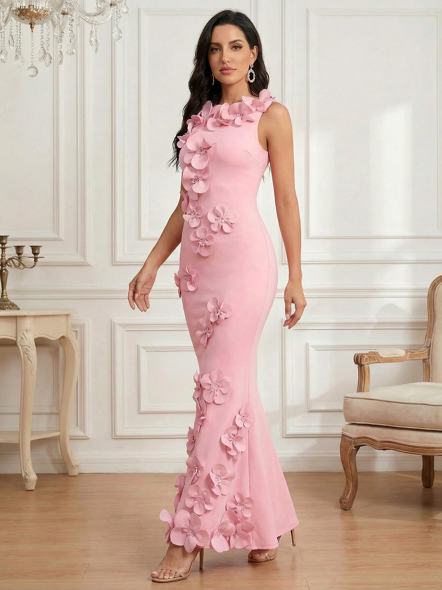 Romantic Pink Sleeveless 3D Floral Mermaid Gown
