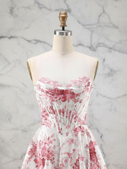 Romantic Pink Strapless Toile Print Corset A-Line Prom Dress