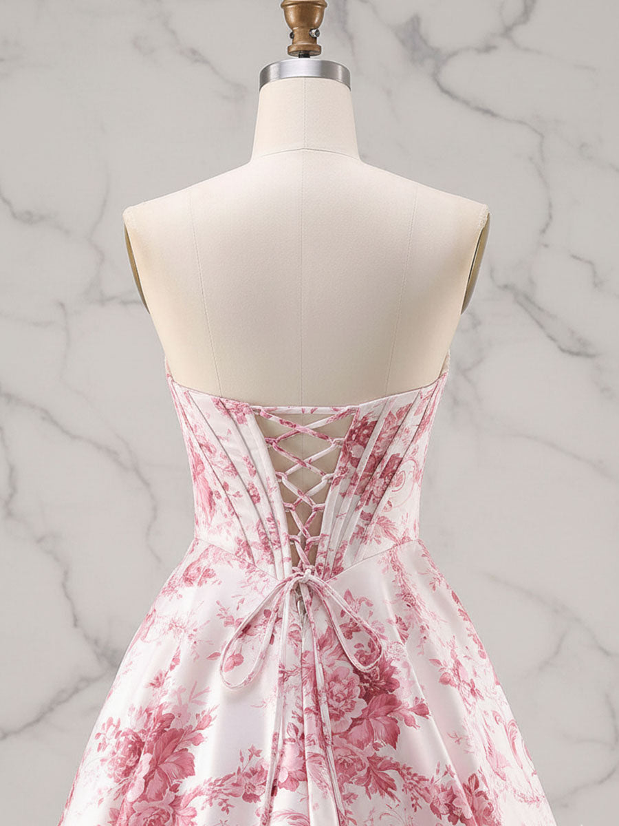Romantic Pink Strapless Toile Print Corset A-Line Prom Dress