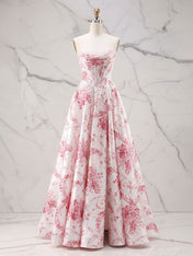 Romantic Pink Strapless Toile Print Corset A-Line Prom Dress