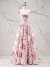 Romantic Pink Strapless Toile Print Corset A-Line Prom Dress