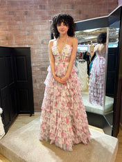 Romantic Floral Ruffle Prom Dress with Beaded Halter Corset