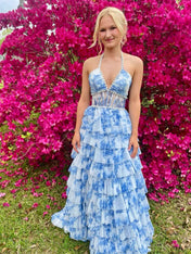 Romantic Floral Ruffle Prom Dress with Beaded Halter Corset
