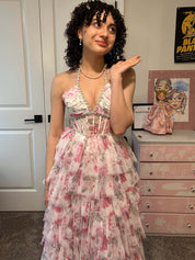 Romantic Floral Ruffle Prom Dress with Beaded Halter Corset