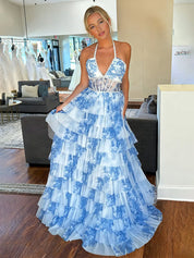 Romantic Floral Ruffle Prom Dress with Beaded Halter Corset