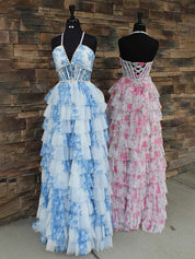 Romantic Floral Ruffle Prom Dress with Beaded Halter Corset