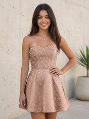 Baby Blue All Over Pearl Strapless Satin A-Line Mini Homecoming Dresses