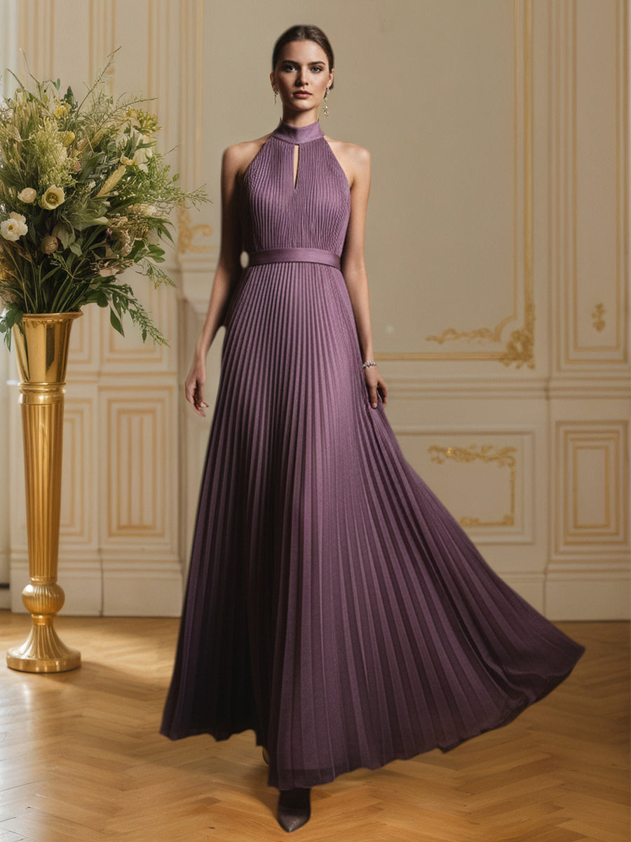 Pleated Cut Out Classic Halter Sleeveless A-Line Maxi Dress