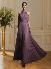 Pleated Cut Out Classic Halter Sleeveless A-Line Maxi Dress