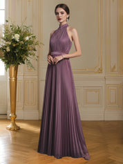 Pleated Cut Out Classic Halter Sleeveless A-Line Maxi Dress