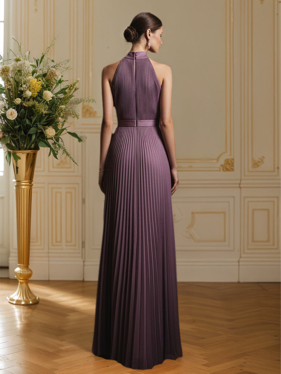 Pleated Cut Out Classic Halter Sleeveless A-Line Maxi Dress