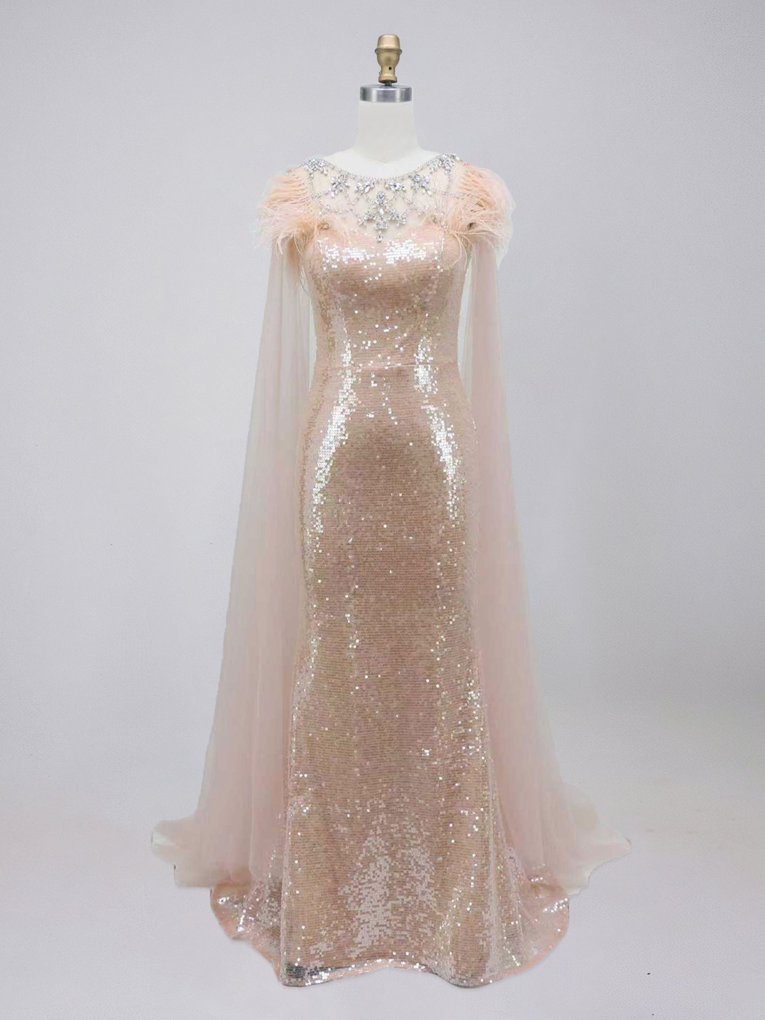 Rose Gold Tulle Cape Sequin Prom Dress with Feather Shoulders
