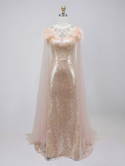 Rose Gold Tulle Cape Sequin Prom Dress with Feather Shoulders