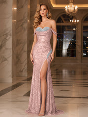 Dark Red Crystal Off-the-Shoulder Corset Prom Dress with Slit