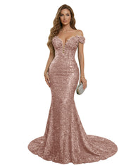 Sparkly Off The Shoulder Sequin Long Mermaid Corset Prom Dresses