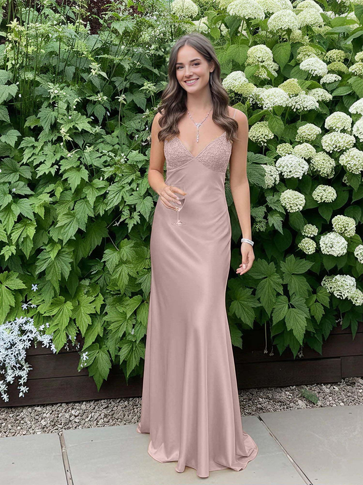 Blue A Line V-neck Beaded Back Tie Long Prom Dress