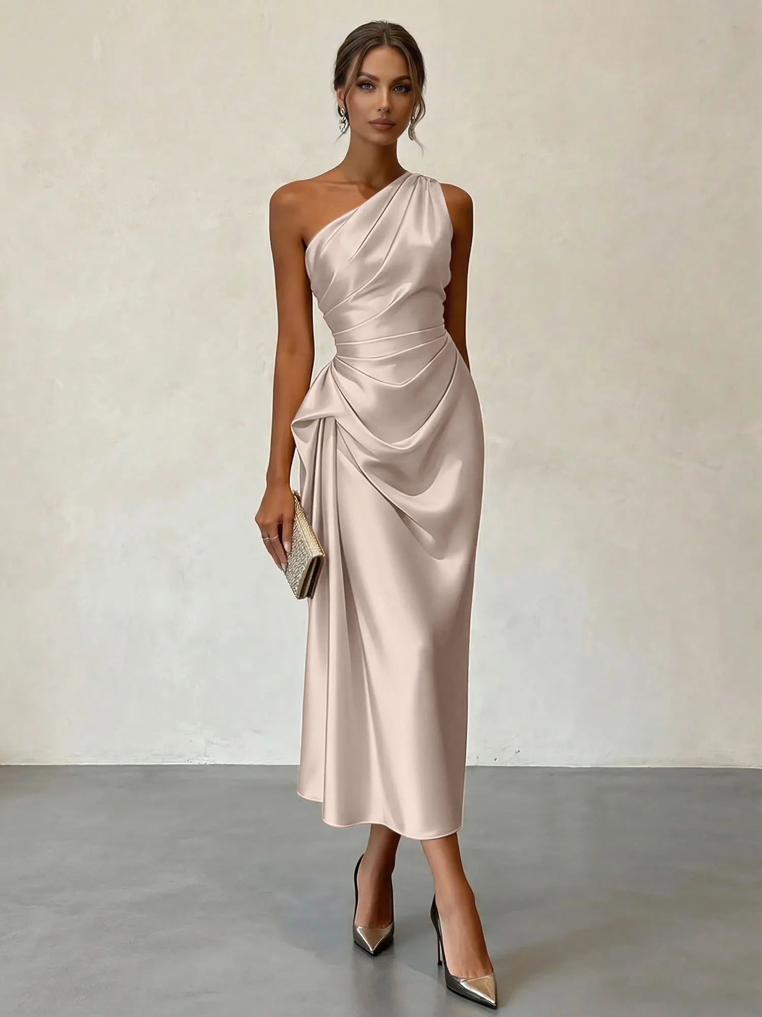 Champagne Ruched Satin One Shoulder Sleeveless Sheath Midi Dress