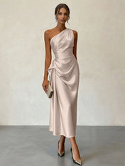 Champagne Ruched Satin One Shoulder Sleeveless Sheath Midi Dress