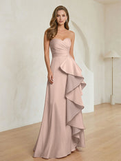 Formal Evening Dress Blush Strapless Ruffle Maxi Dress Gown