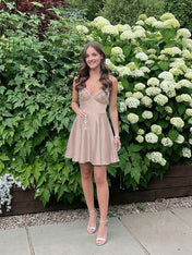 Blue A Line V-neck Beaded Back Tie Short Homecoming Mini Dress