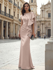 Elegant Formal Evening Dress Moonlight Silver Asymmetrical Ruffle Satin Gown