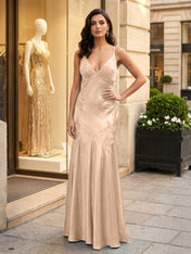 Green Appliques Soft Satin Long Prom Party Dress