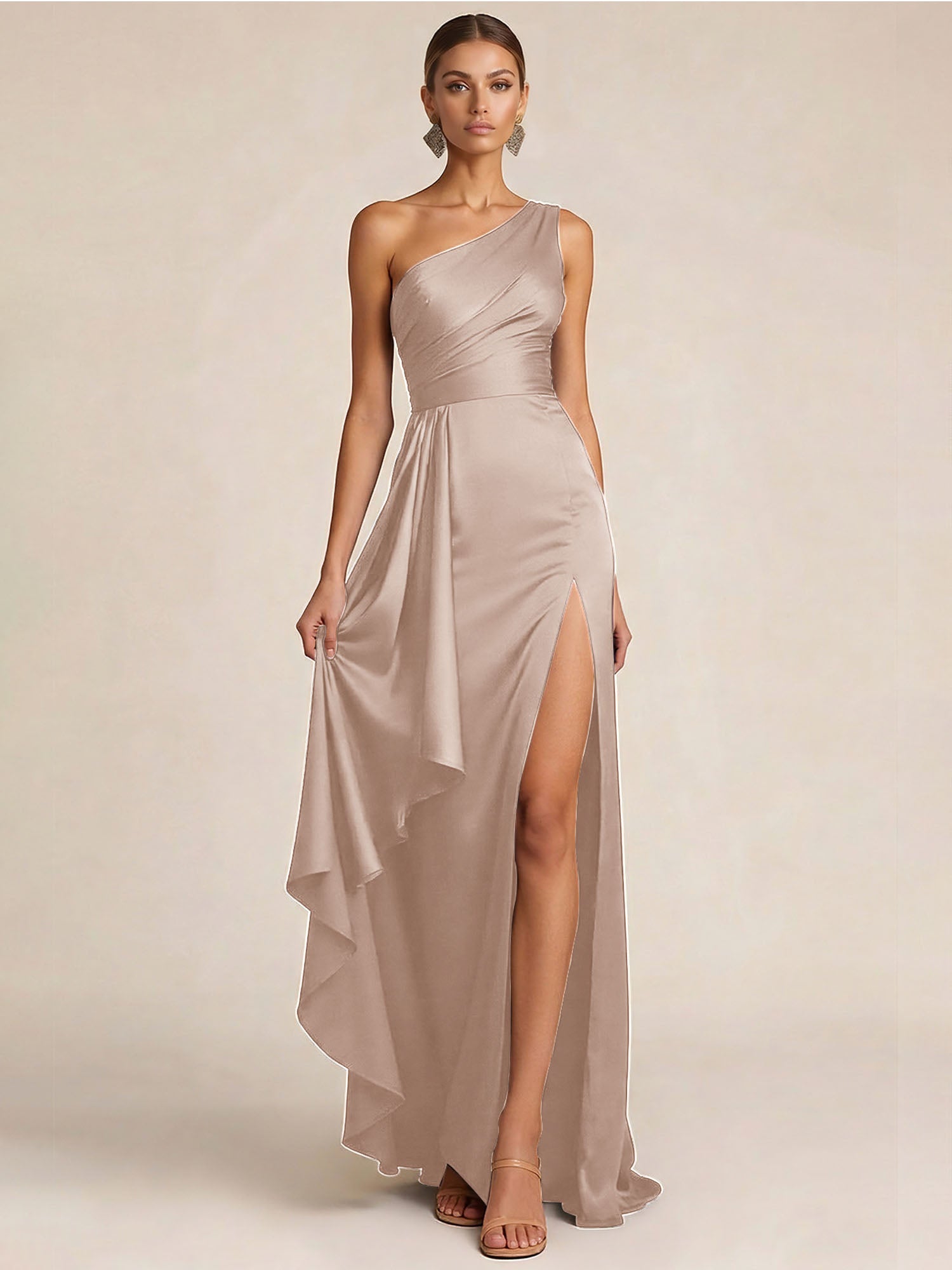 Sleek Foraml Evening Gown Midnight Navy One-Shoulder Satin Slit Maxi Dress