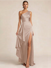 Sleek Foraml Evening Gown Midnight Navy One-Shoulder Satin Slit Maxi Dress
