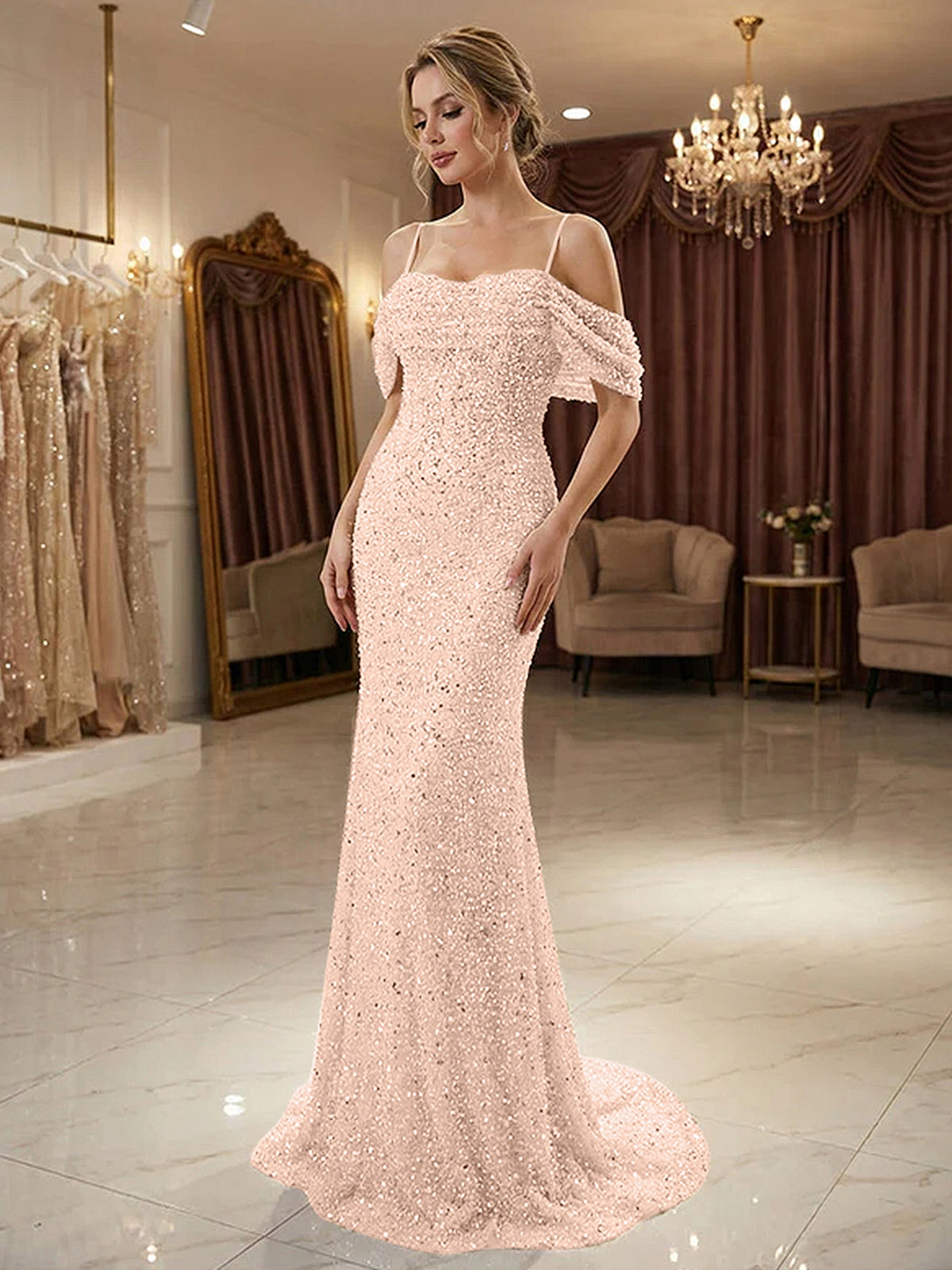 Sparkly Champagne Beaded Off-the-Shoulder Mermaid Long Prom Dress