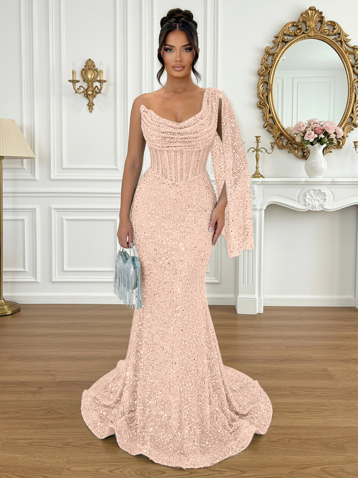 Glamorous Ice Blue One-Shoulder Sequin Corset Mermaid Prom Dresses