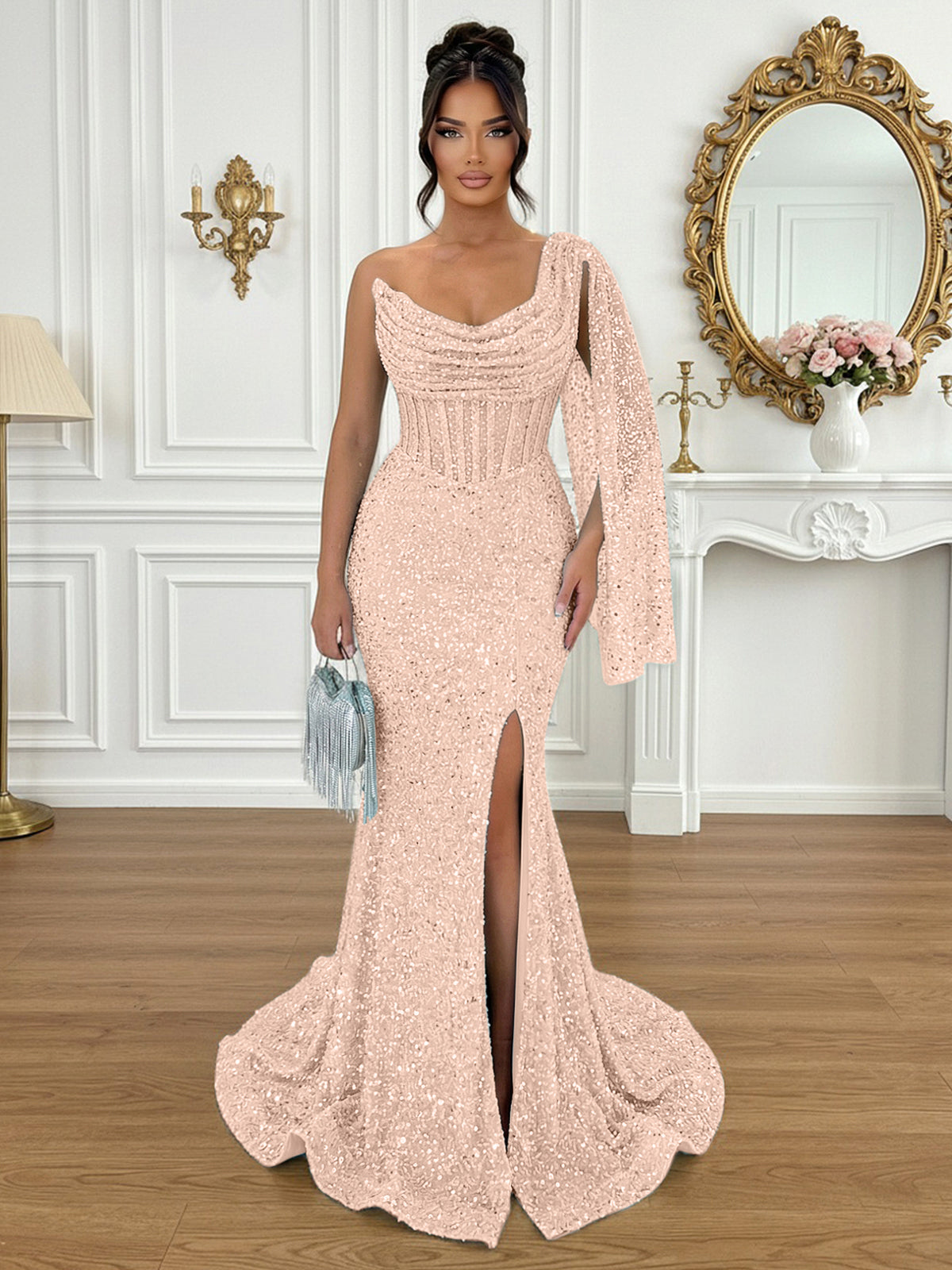 Glamorous Ice Blue One-Shoulder Sequin Corset Mermaid Prom Dresses with Slit