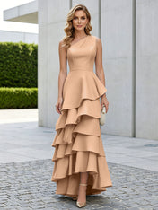 One Shoulder Tiered Ruffle Satin Mermaid Evening Gown with Sculptural Layers